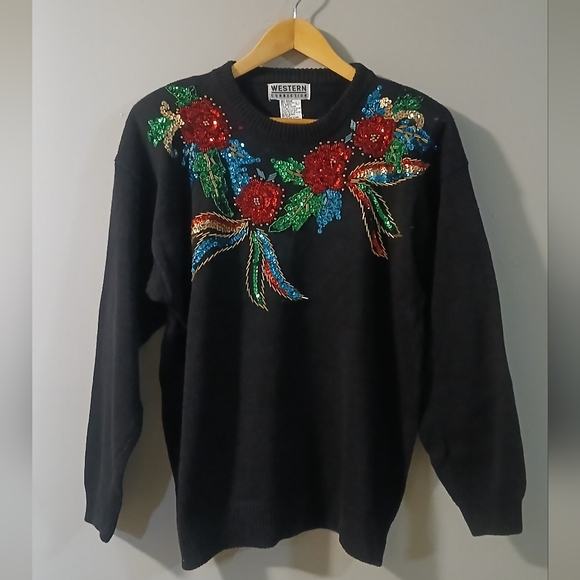 Western Connection Sweaters - Vinatge Western Collection Black Sweater Floral Beaded Embroidery Size Large